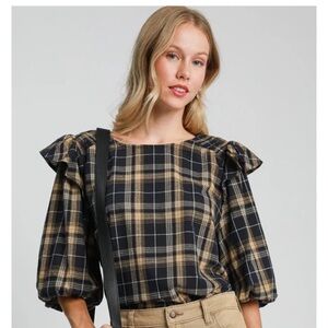 Unge Navy and Gold Plaid Pride Top size L